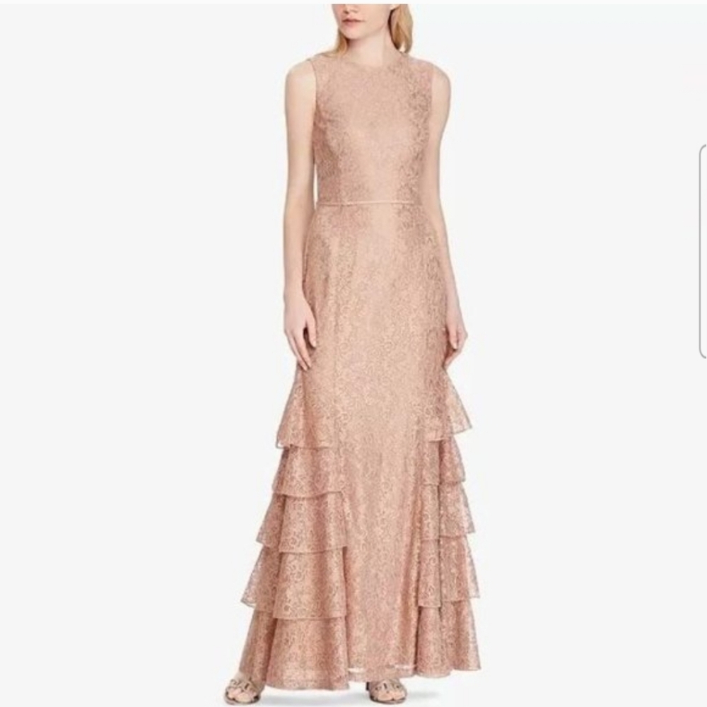 Lauren Ralph Lauren Tiered Lace Evening Gown Dress Rose Gold Size 10‎